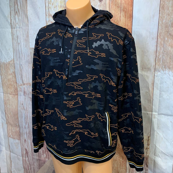 Daniel Won Large Rubber Black Orange Camo Micro Terry 1/4 Zip Hoodie Jacket - Picture 2 of 6